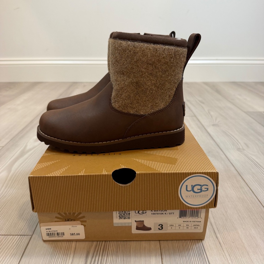UGG Australia K Bayson Waterproof Brown Leather Wool Boots 1007810K Kids Size 3
